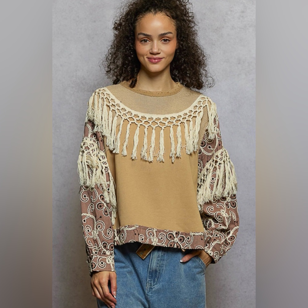 POL Beige Fringe Mixed-Media Pullover Sweatshirt